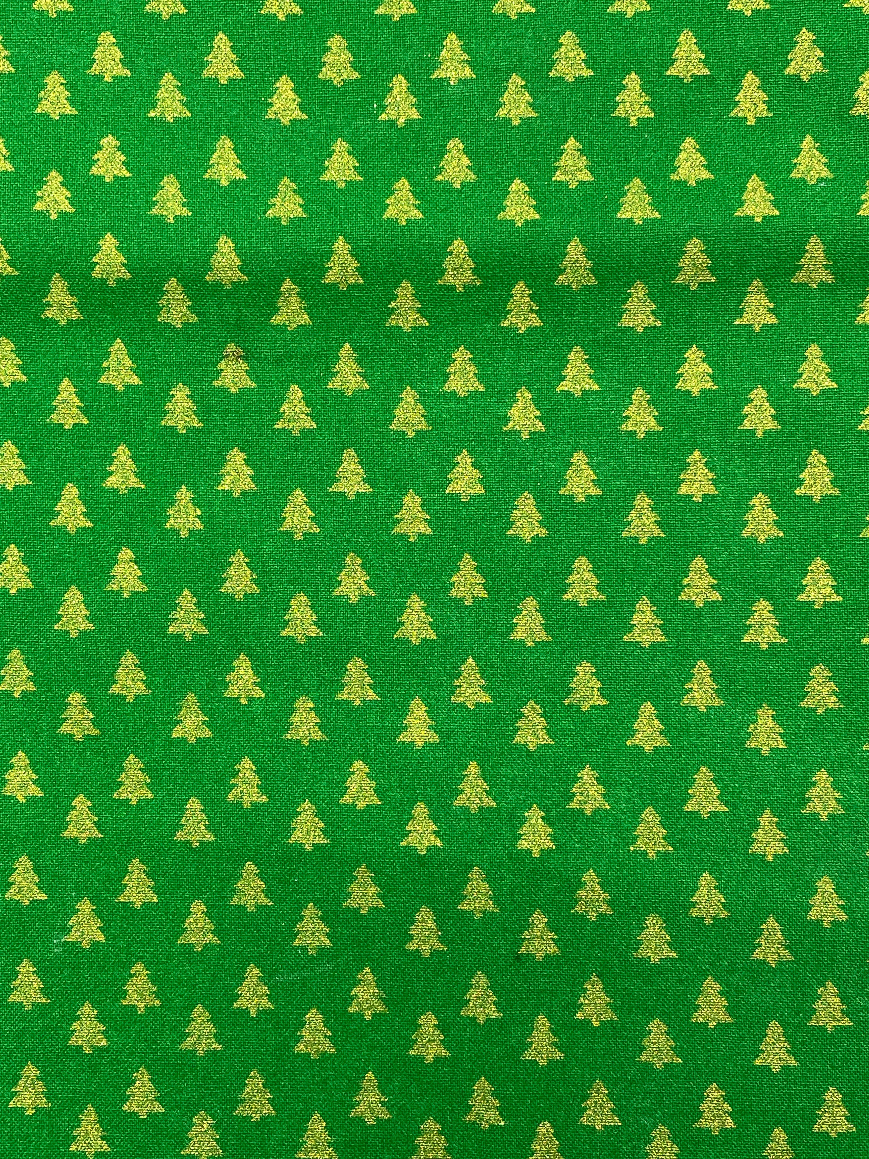 2 YD Quilting Cotton - Green with Metallic Gold Christmas Trees