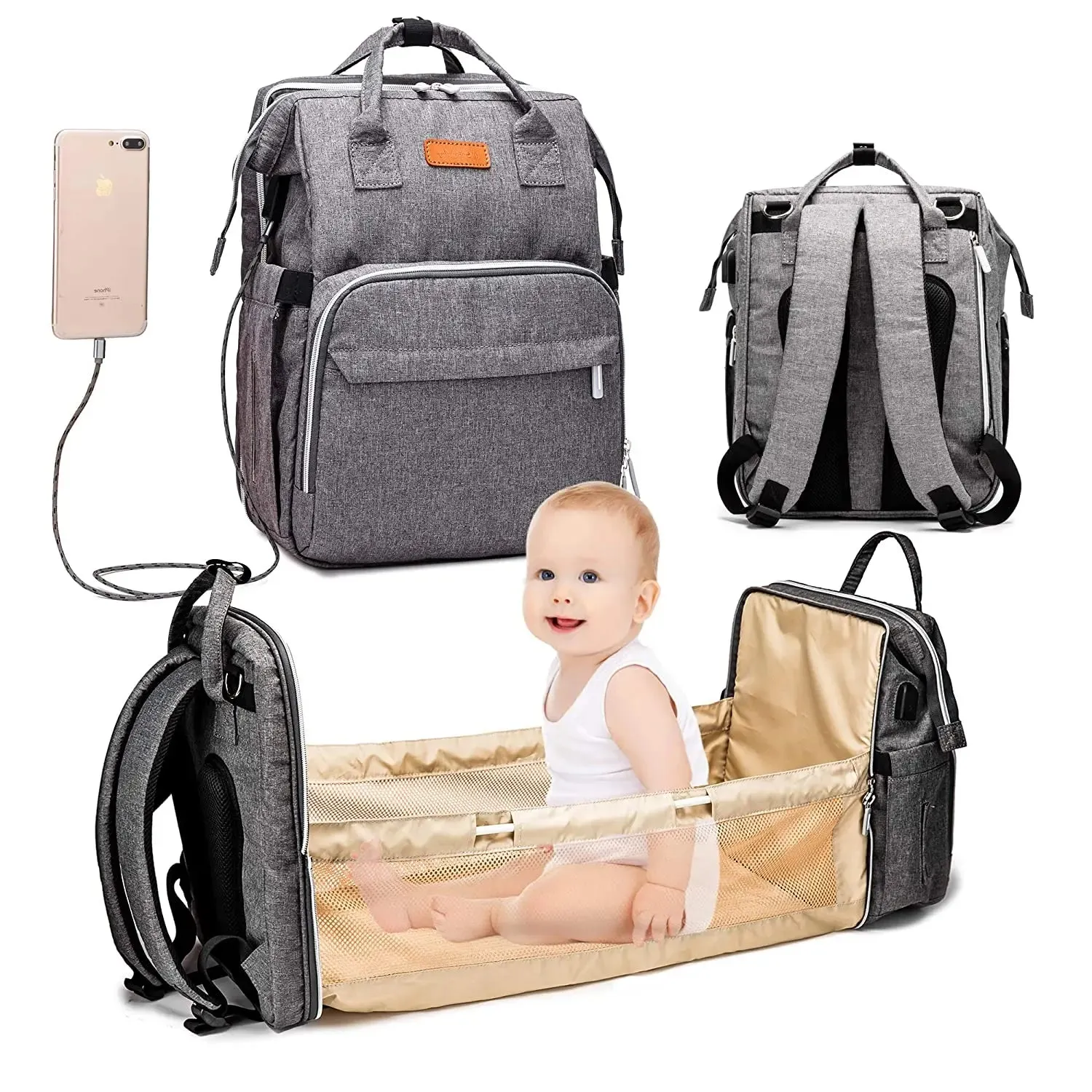 3 in 1 Travel Foldable Baby Bed Diaper Bag, Diaper Backpack Changing Station and Stroller Straps