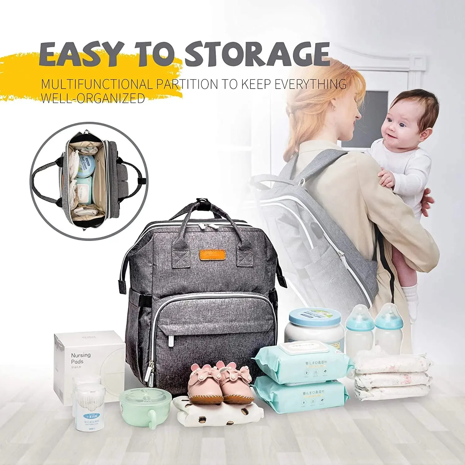 3 in 1 Travel Foldable Baby Bed Diaper Bag, Diaper Backpack Changing Station and Stroller Straps