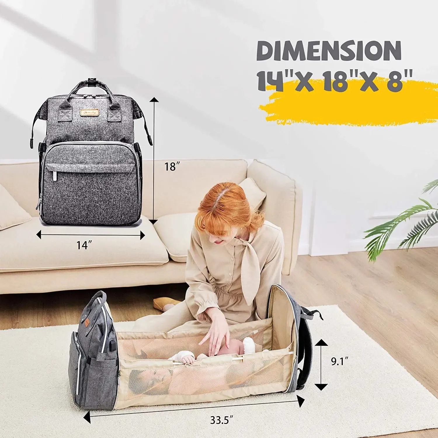 3 in 1 Travel Foldable Baby Bed Diaper Bag, Diaper Backpack Changing Station and Stroller Straps