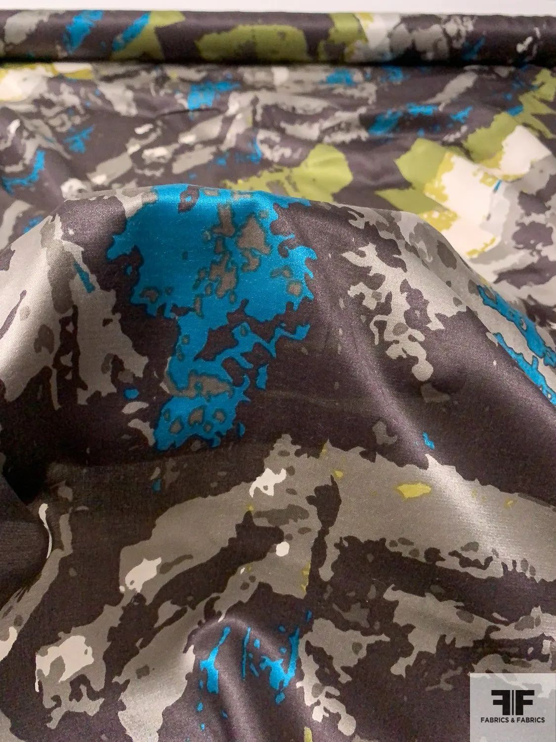 Abstract Printed Cotton and Silk Sateen Voile - Brown / Teal / Lime / Off-White