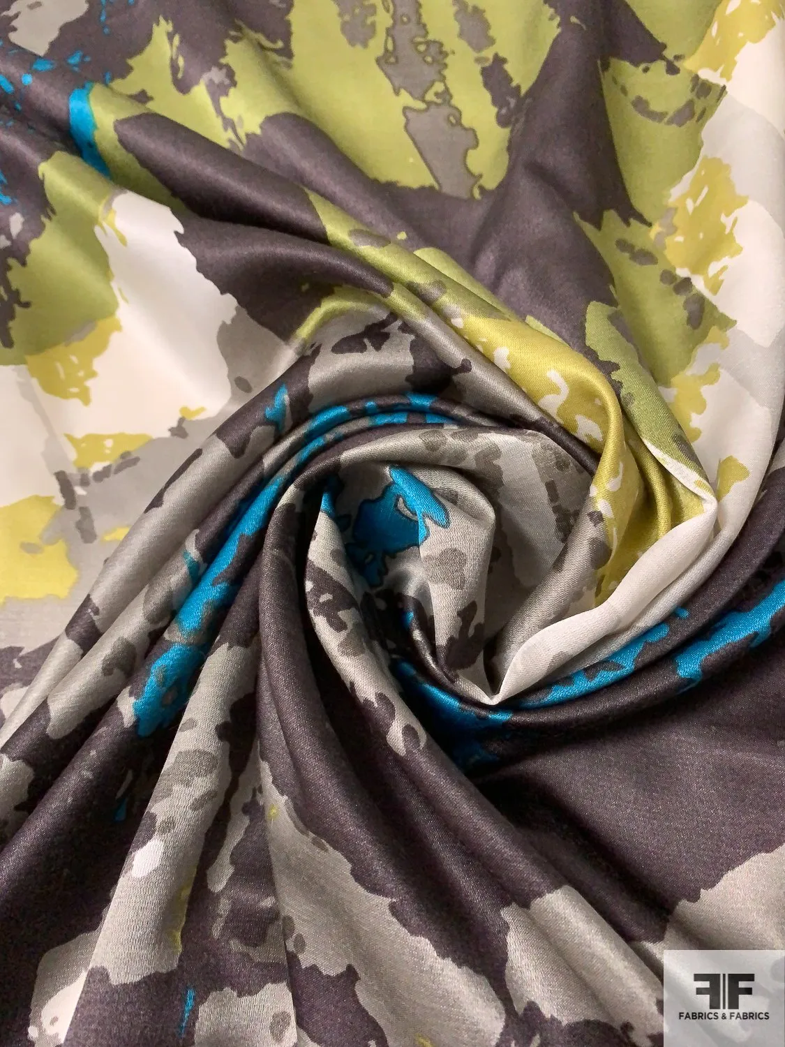 Abstract Printed Cotton and Silk Sateen Voile - Brown / Teal / Lime / Off-White