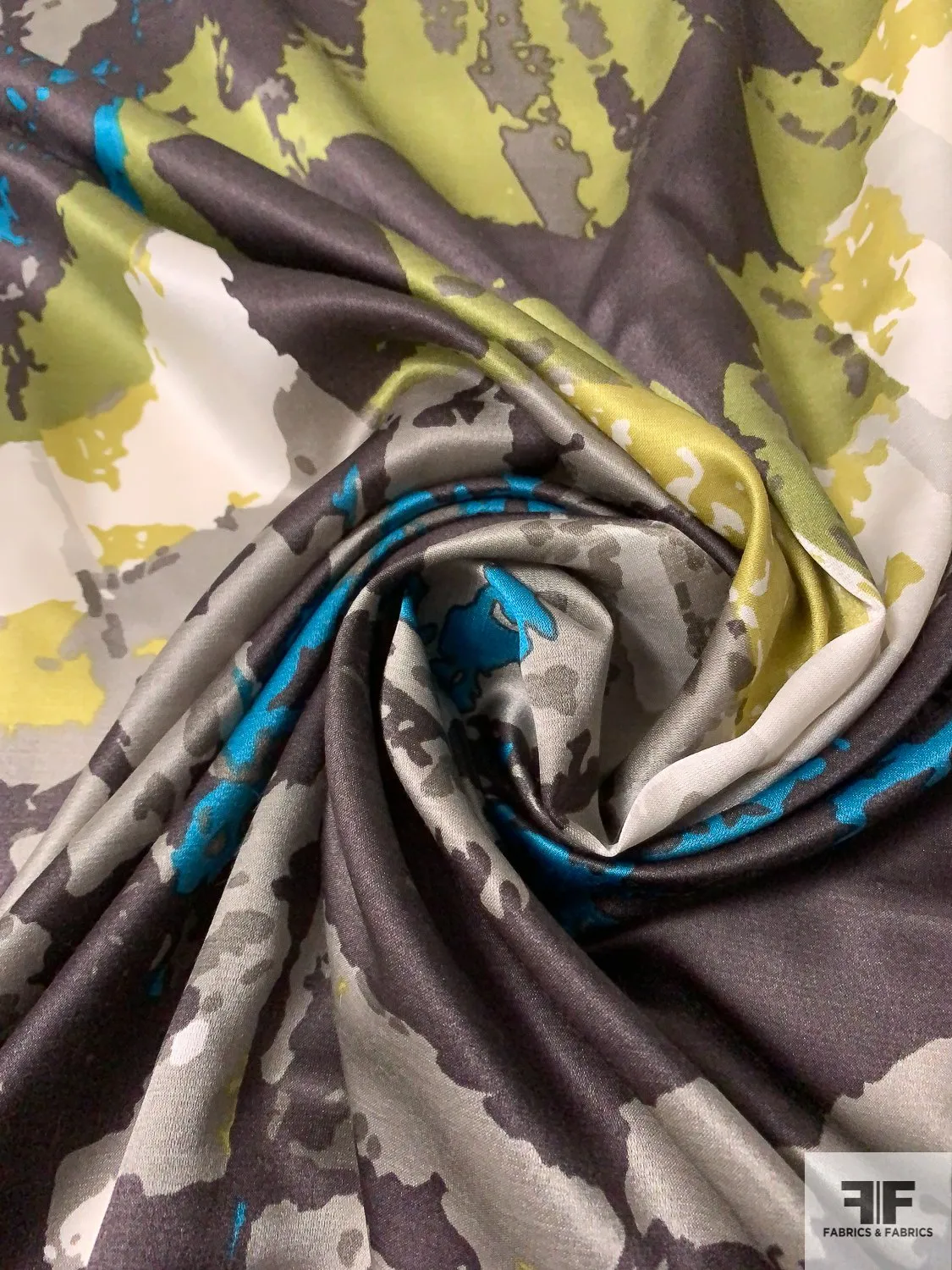 Abstract Printed Cotton and Silk Sateen Voile - Brown / Teal / Lime / Off-White