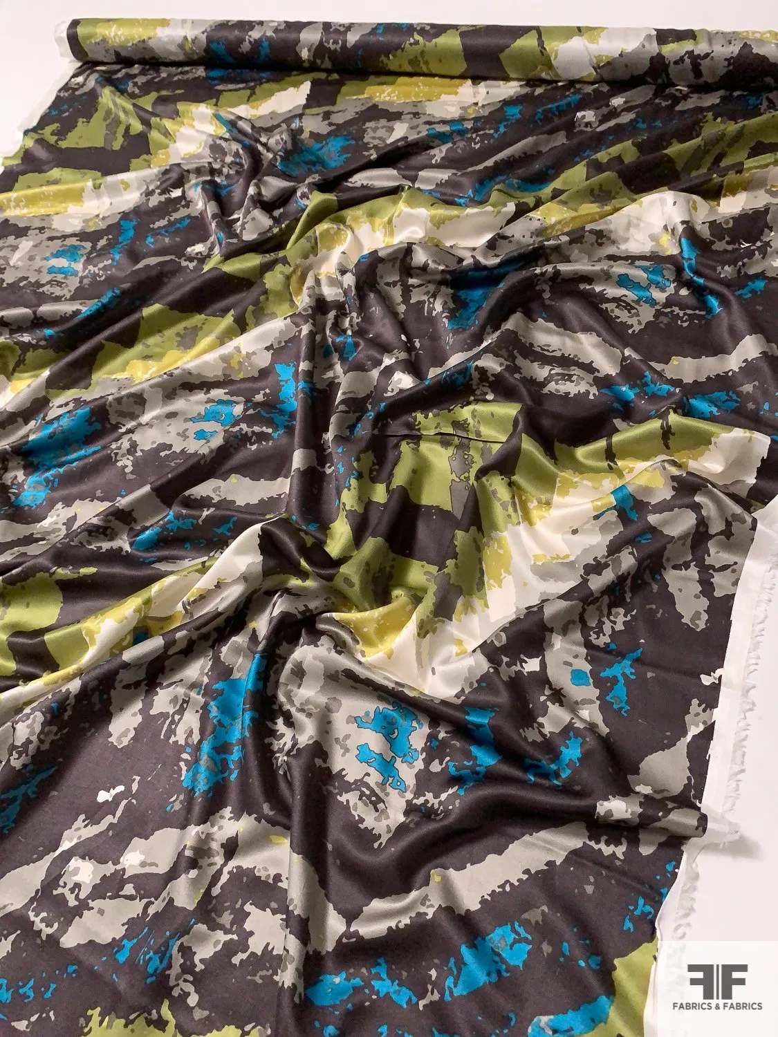 Abstract Printed Cotton and Silk Sateen Voile - Brown / Teal / Lime / Off-White