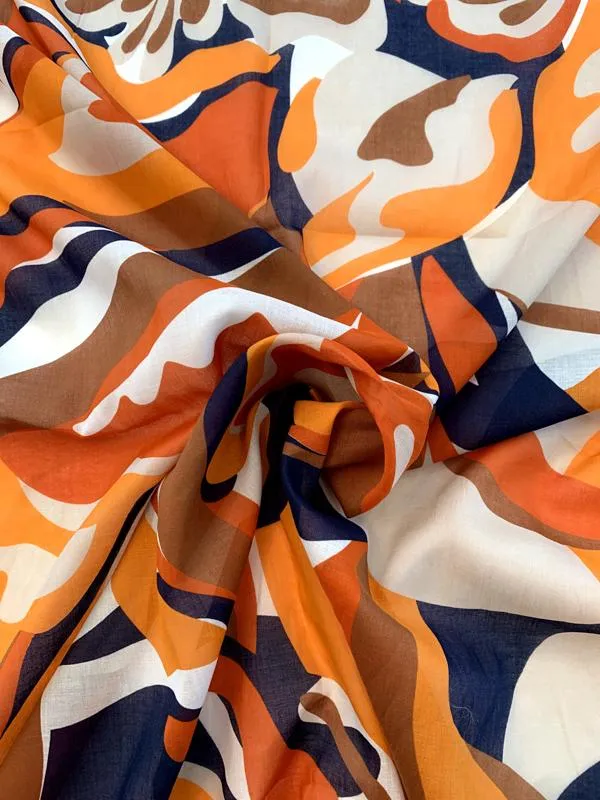 Abstract Printed Cotton Voile - Orange / Off-White / Navy