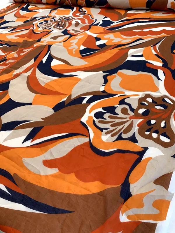 Abstract Printed Cotton Voile - Orange / Off-White / Navy