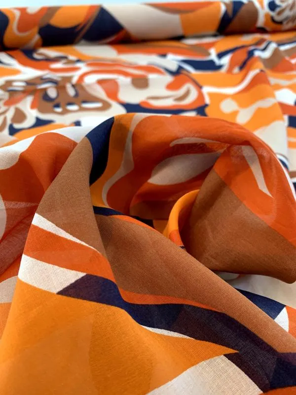 Abstract Printed Cotton Voile - Orange / Off-White / Navy