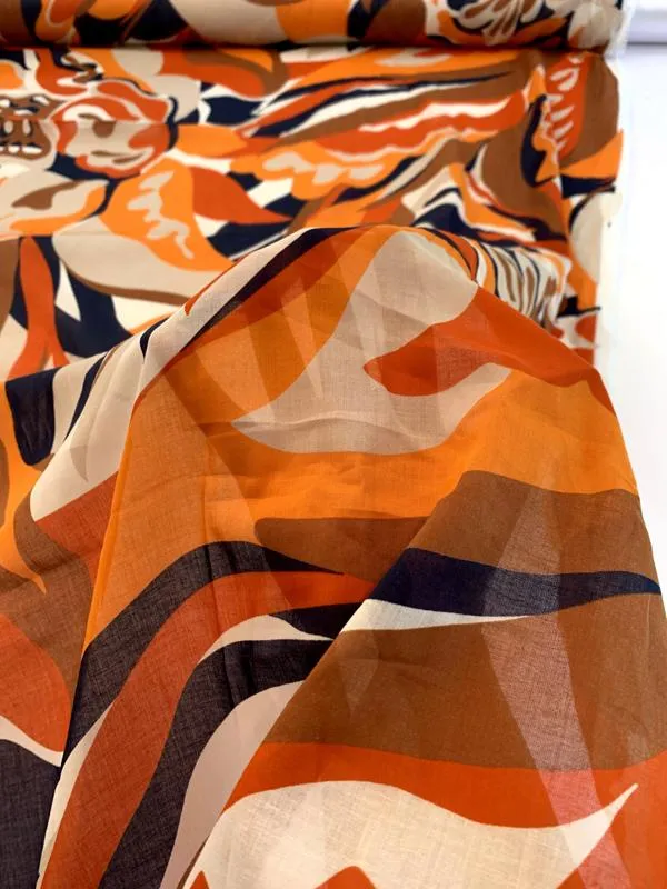 Abstract Printed Cotton Voile - Orange / Off-White / Navy