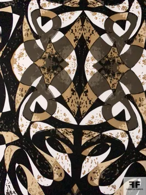 Abstract Printed Stretch Cotton Twill - Tan / Beige / Black / White