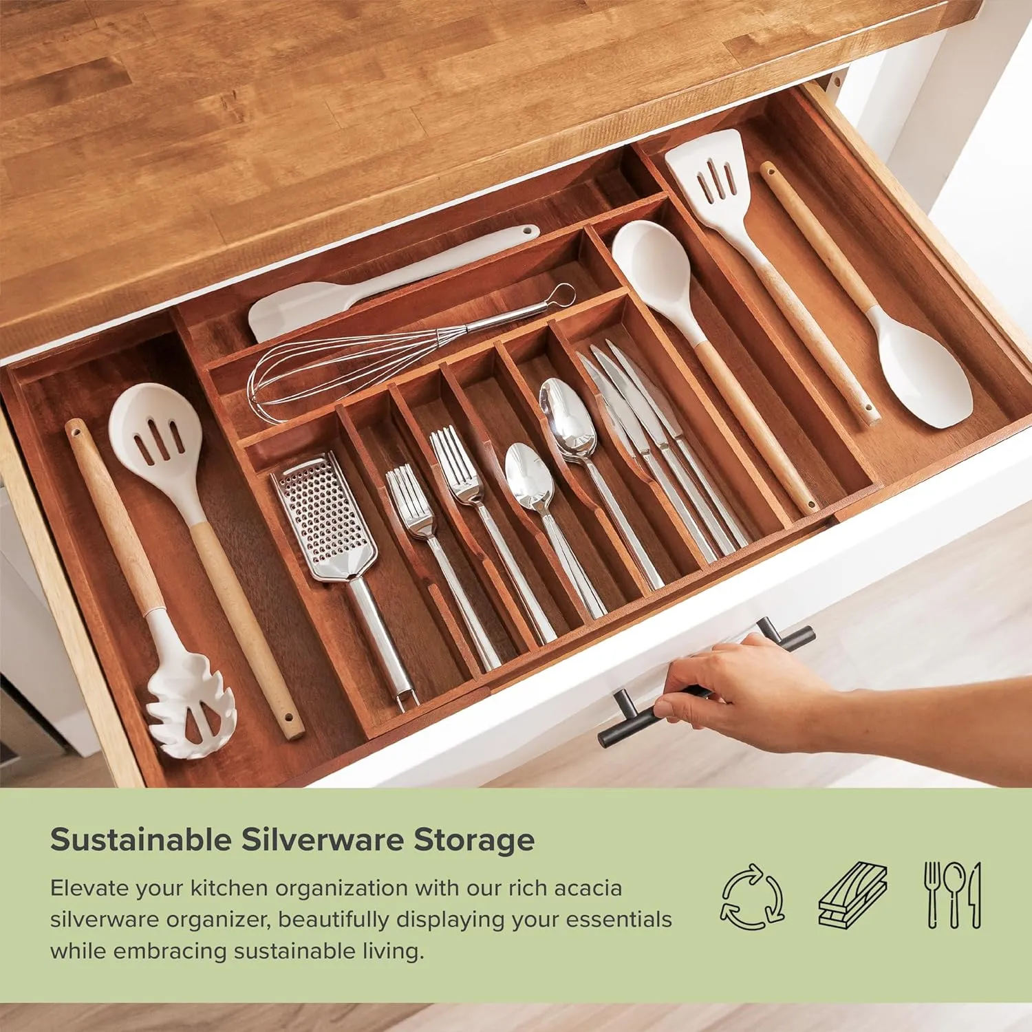 Acacia Drawer Organizer for Silverware & Utensils (Expands 18.5-33in)