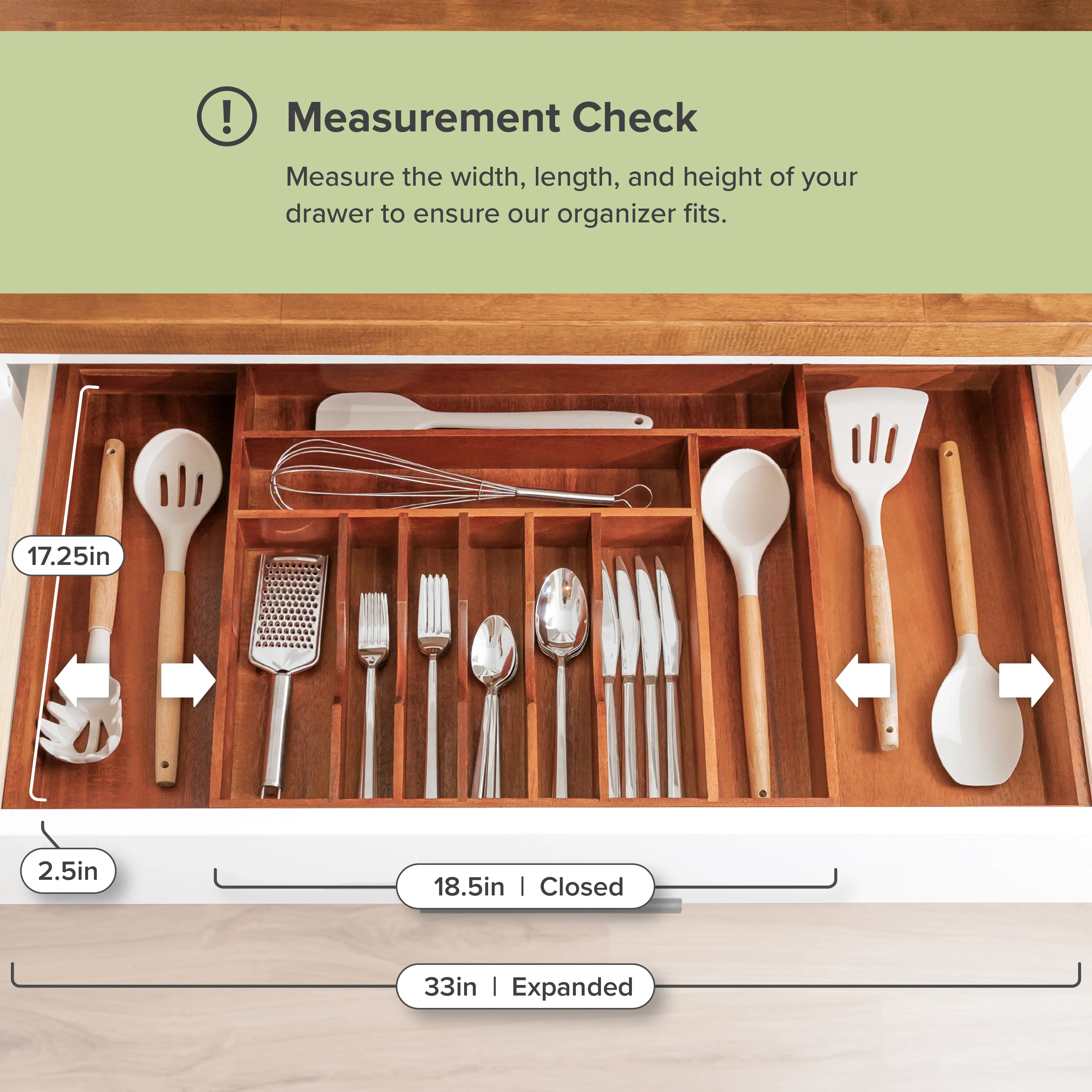 Acacia Drawer Organizer for Silverware & Utensils (Expands 18.5-33in)