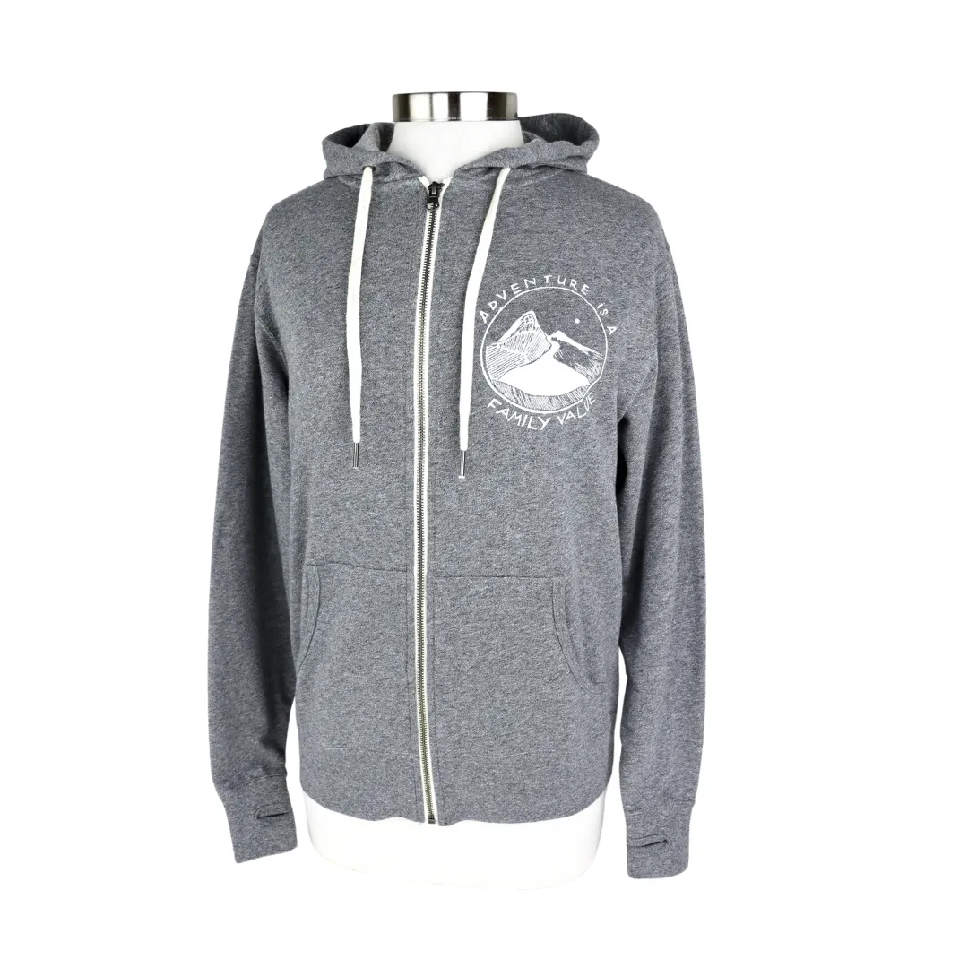 Adventure is a Family Value Unisex Terry Zip Hoodie in Heathered Grey