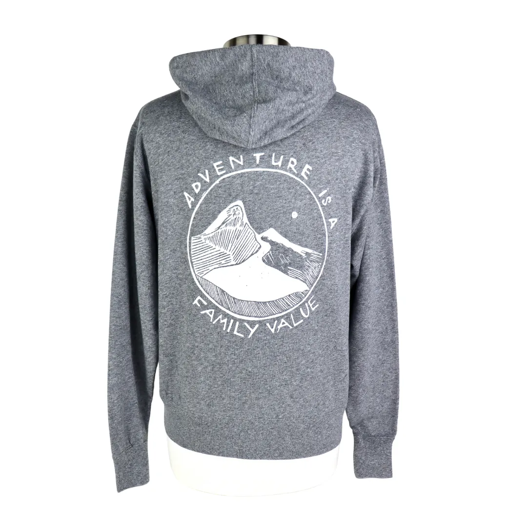 Adventure is a Family Value Unisex Terry Zip Hoodie in Heathered Grey