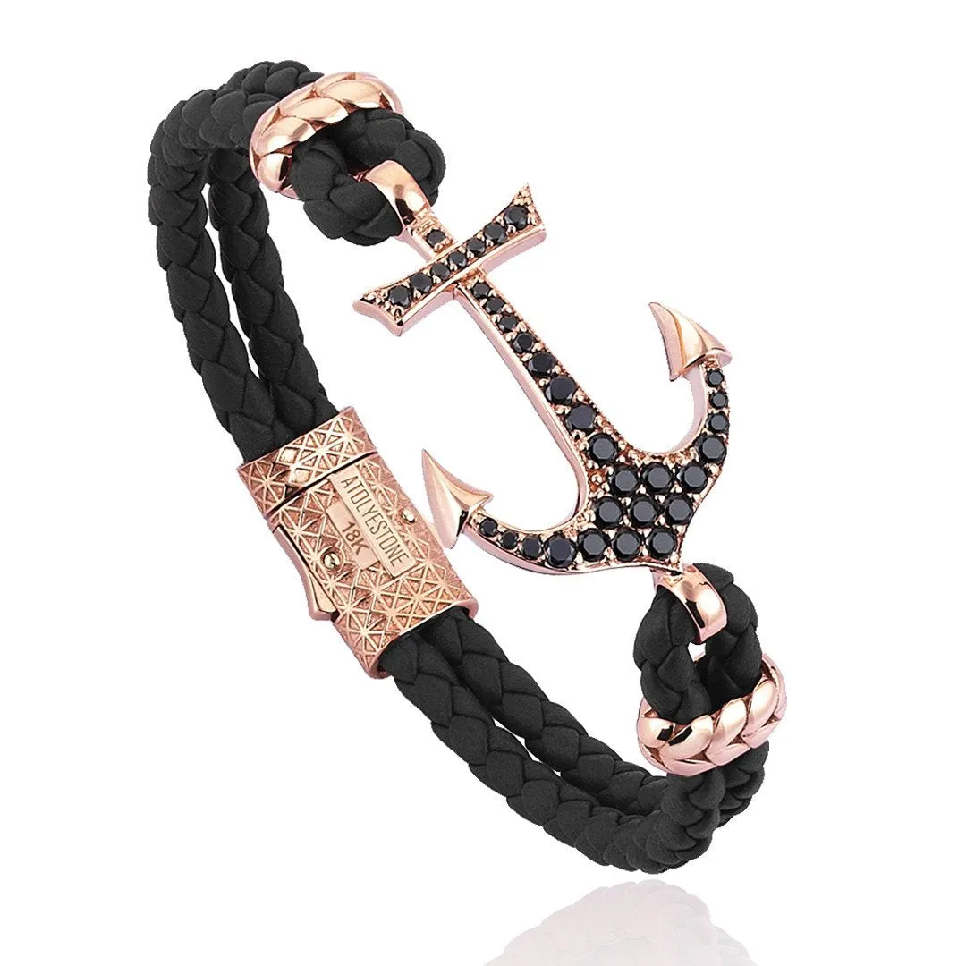 Anchor Leather Bracelet -Solid Rose Gold