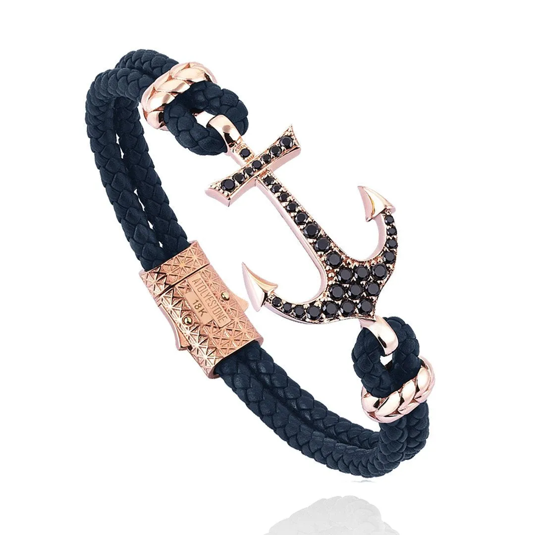 Anchor Leather Bracelet -Solid Rose Gold