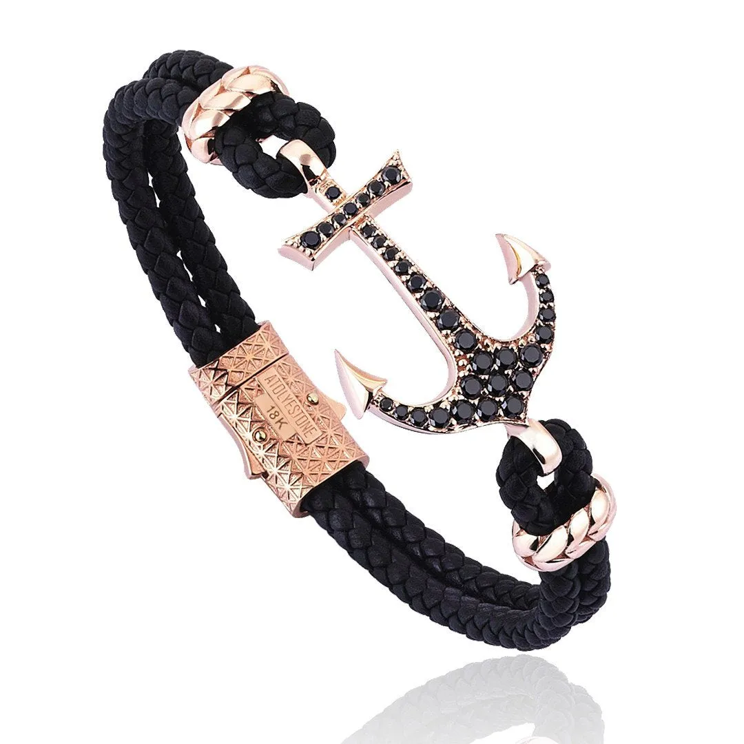 Anchor Leather Bracelet -Solid Rose Gold