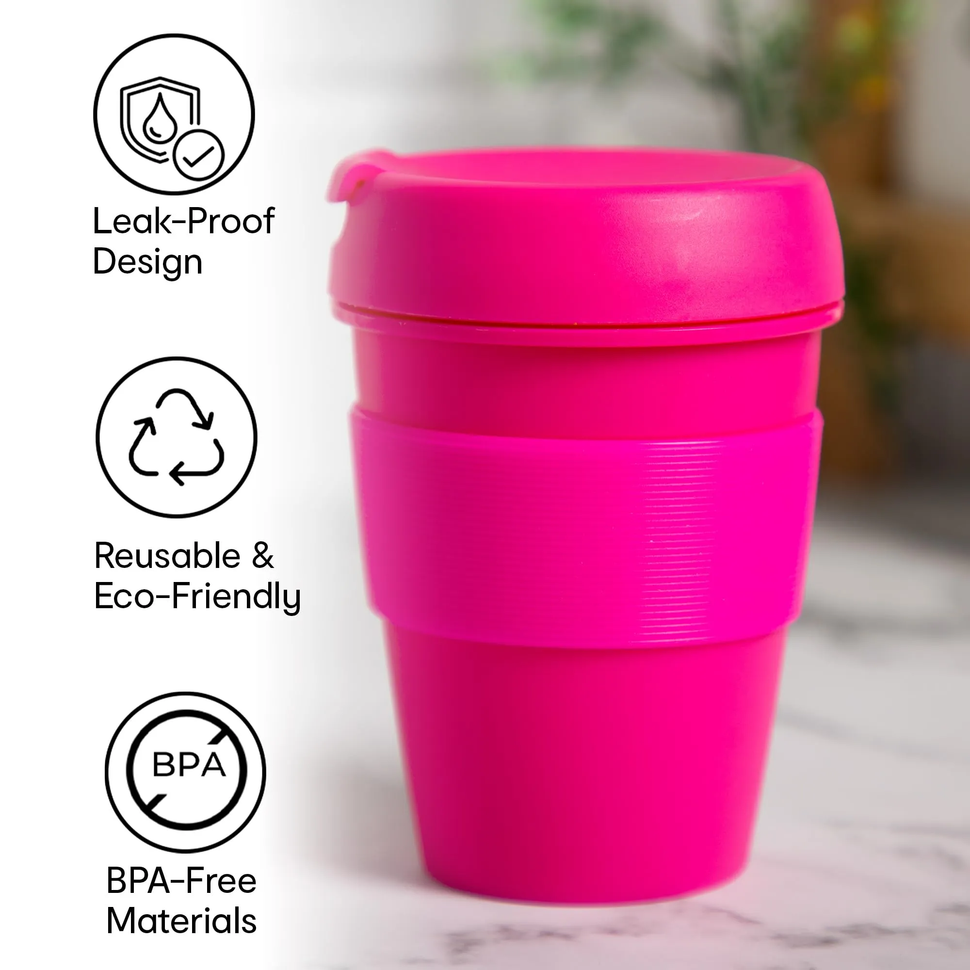 Anko 430ml Reusable Travel Cup |Beverage Sipper | Leak-Proof and Reusable | BPA Free | Ideal for Home, Office, Kitchen, Gifting, Traveling| Dishwasher and Microwave Safe| Fluro Pink | Set of 2