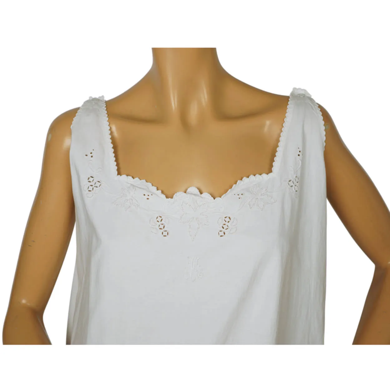 Antique White Cotton Nightie Embroidered Nightgown 1910s Size Large