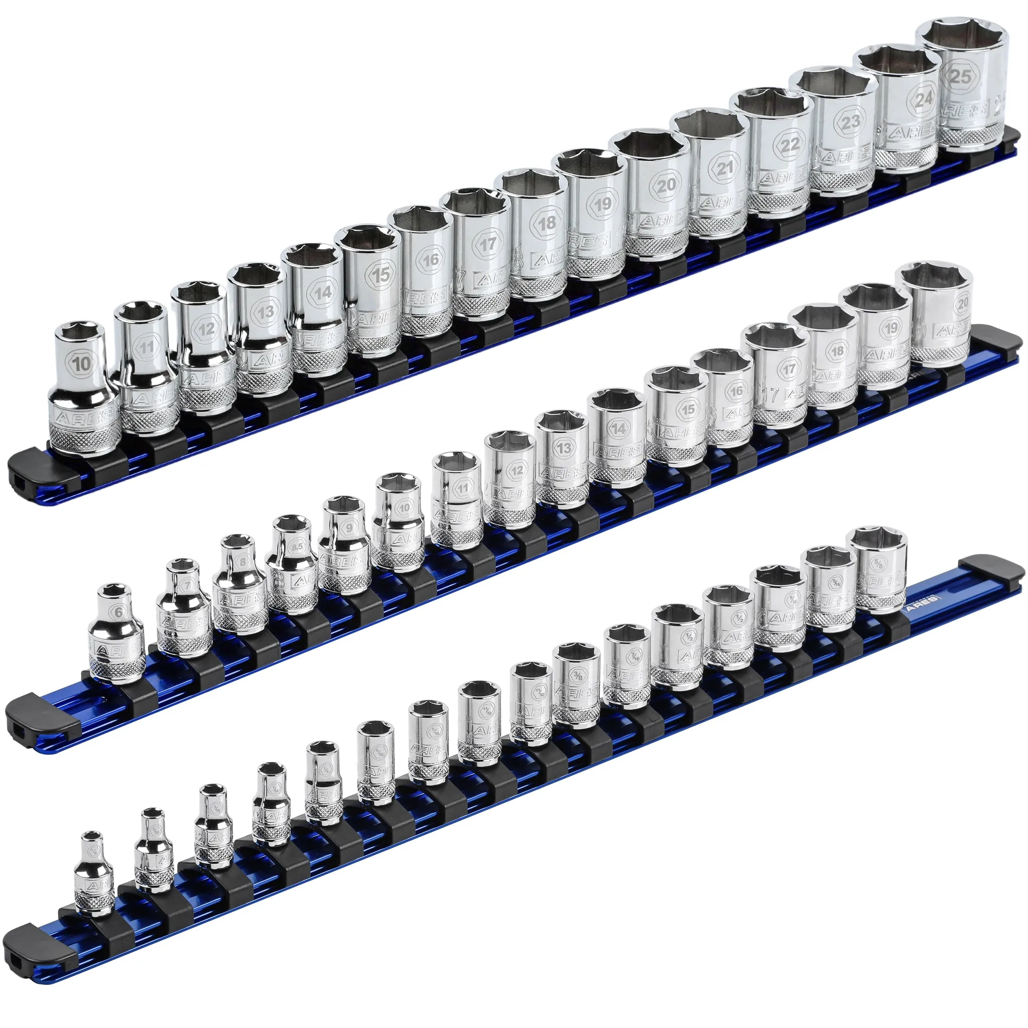 ARES 60125 - 3-Piece Blue 17-Inch Aluminum Socket Rail Set with Locking End Caps