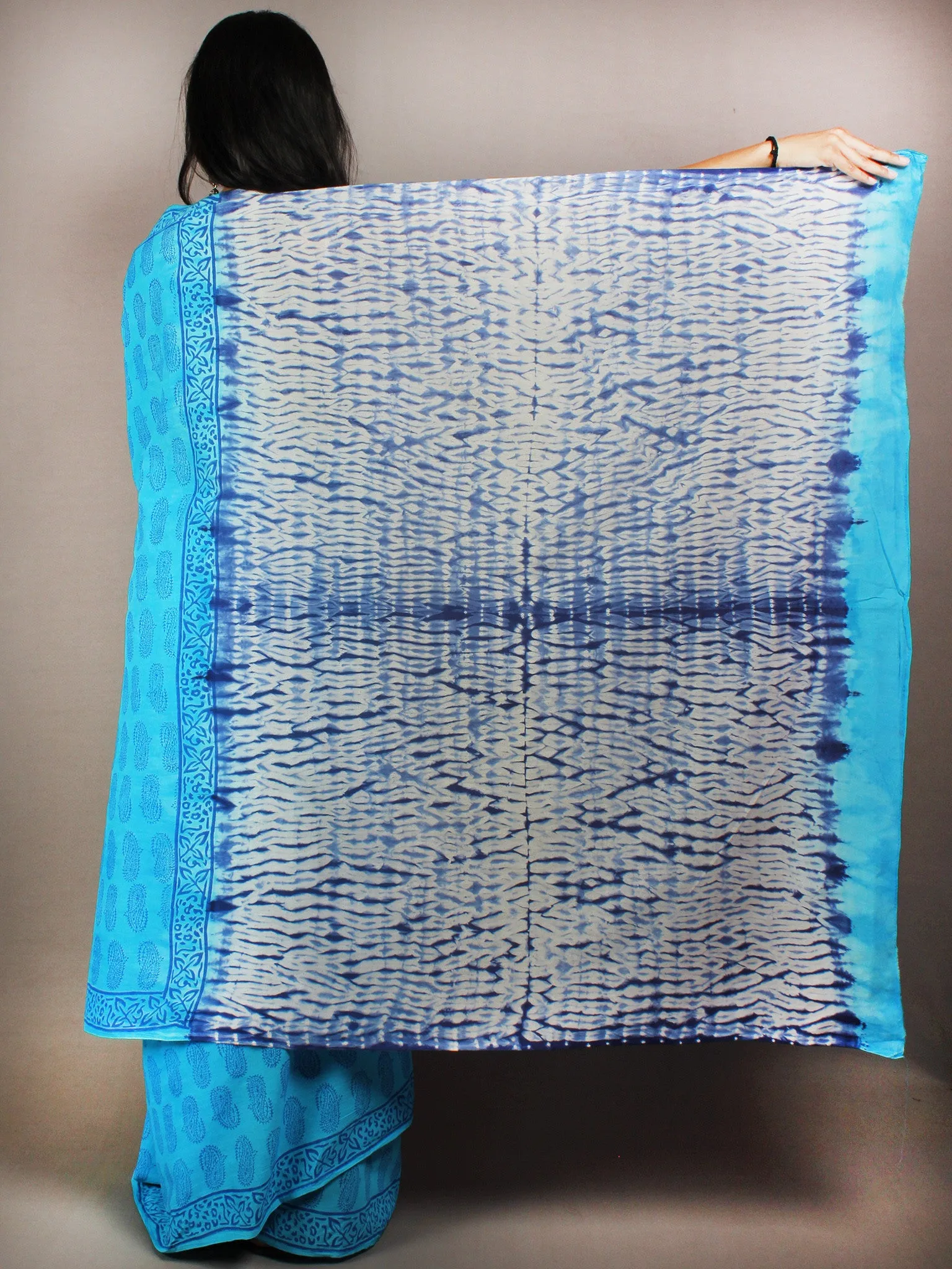 Azure Indigo Shibori Dyed Cotton Mul Saree with Persian Blue Motiffs - S03170616