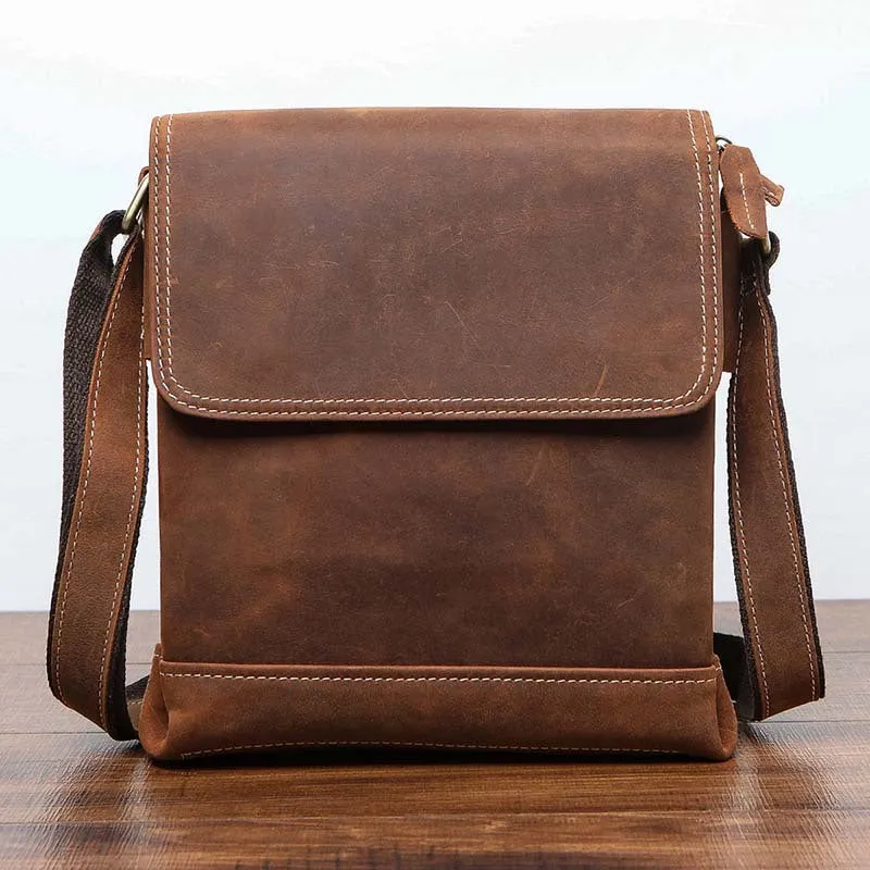 BADASS BROWN YELLOW LEATHER MEN'S 10 inches Side bag Vertical Courier Bag MESSENGER BAG FOR MEN