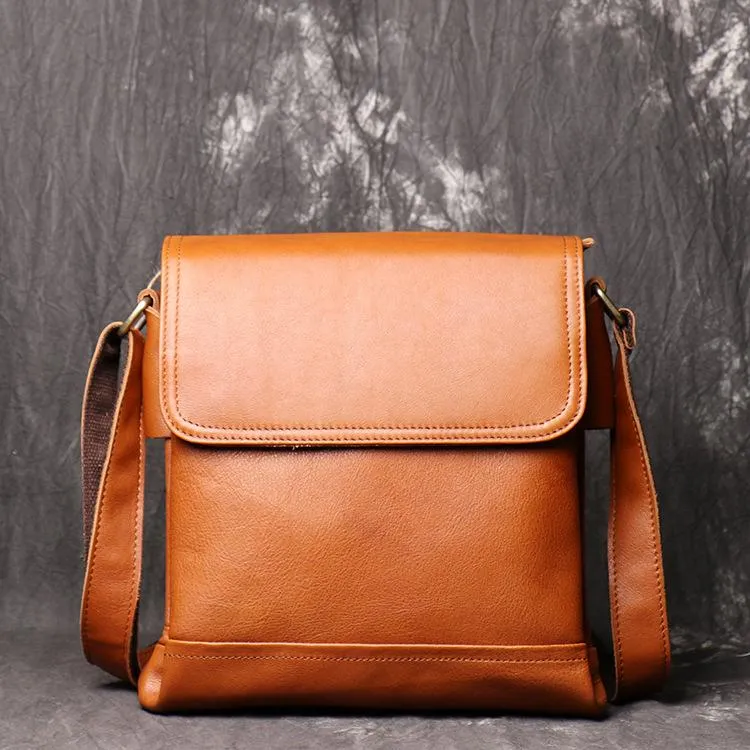 BADASS BROWN YELLOW LEATHER MEN'S 10 inches Side bag Vertical Courier Bag MESSENGER BAG FOR MEN