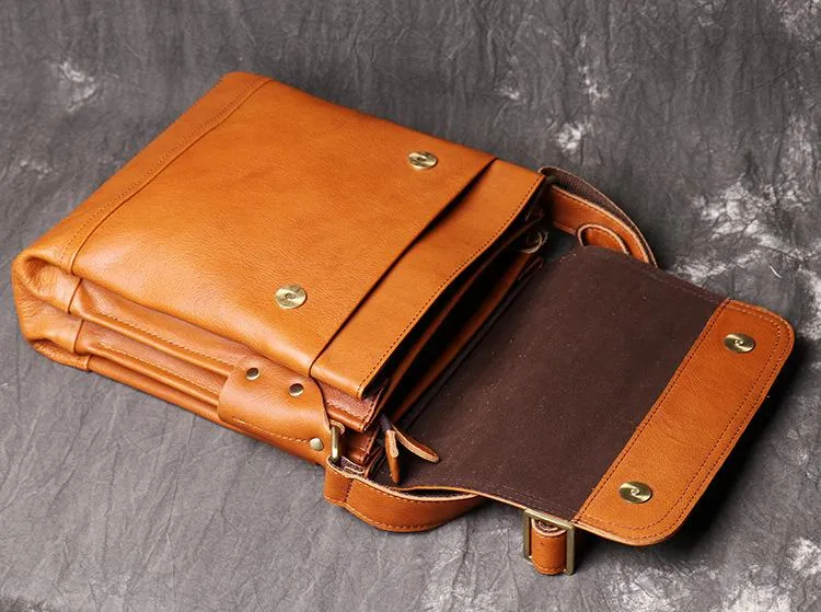 BADASS BROWN YELLOW LEATHER MEN'S 10 inches Side bag Vertical Courier Bag MESSENGER BAG FOR MEN