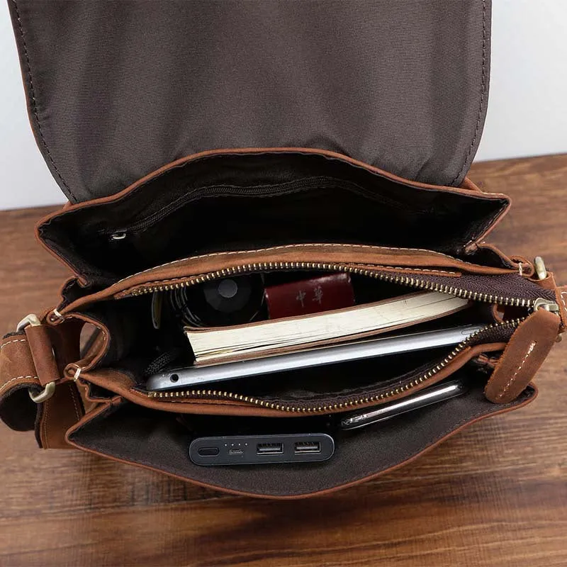 BADASS BROWN YELLOW LEATHER MEN'S 10 inches Side bag Vertical Courier Bag MESSENGER BAG FOR MEN