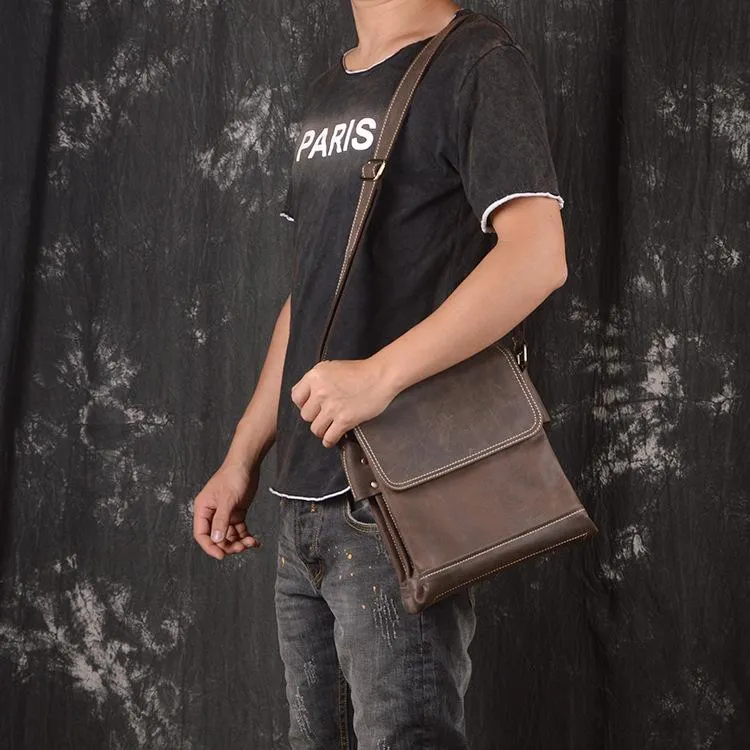 BADASS BROWN YELLOW LEATHER MEN'S 10 inches Side bag Vertical Courier Bag MESSENGER BAG FOR MEN