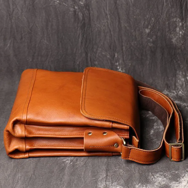 BADASS BROWN YELLOW LEATHER MEN'S 10 inches Side bag Vertical Courier Bag MESSENGER BAG FOR MEN