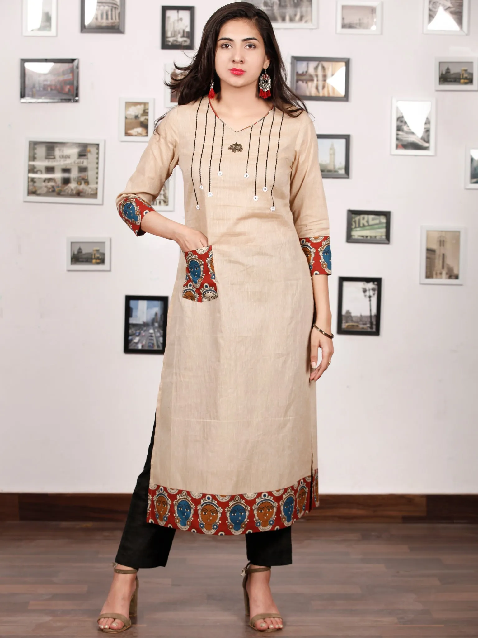 Beige Hand Embroidered South Handloom Cotton Kurta With Kalamkari Patch   - K133F1488