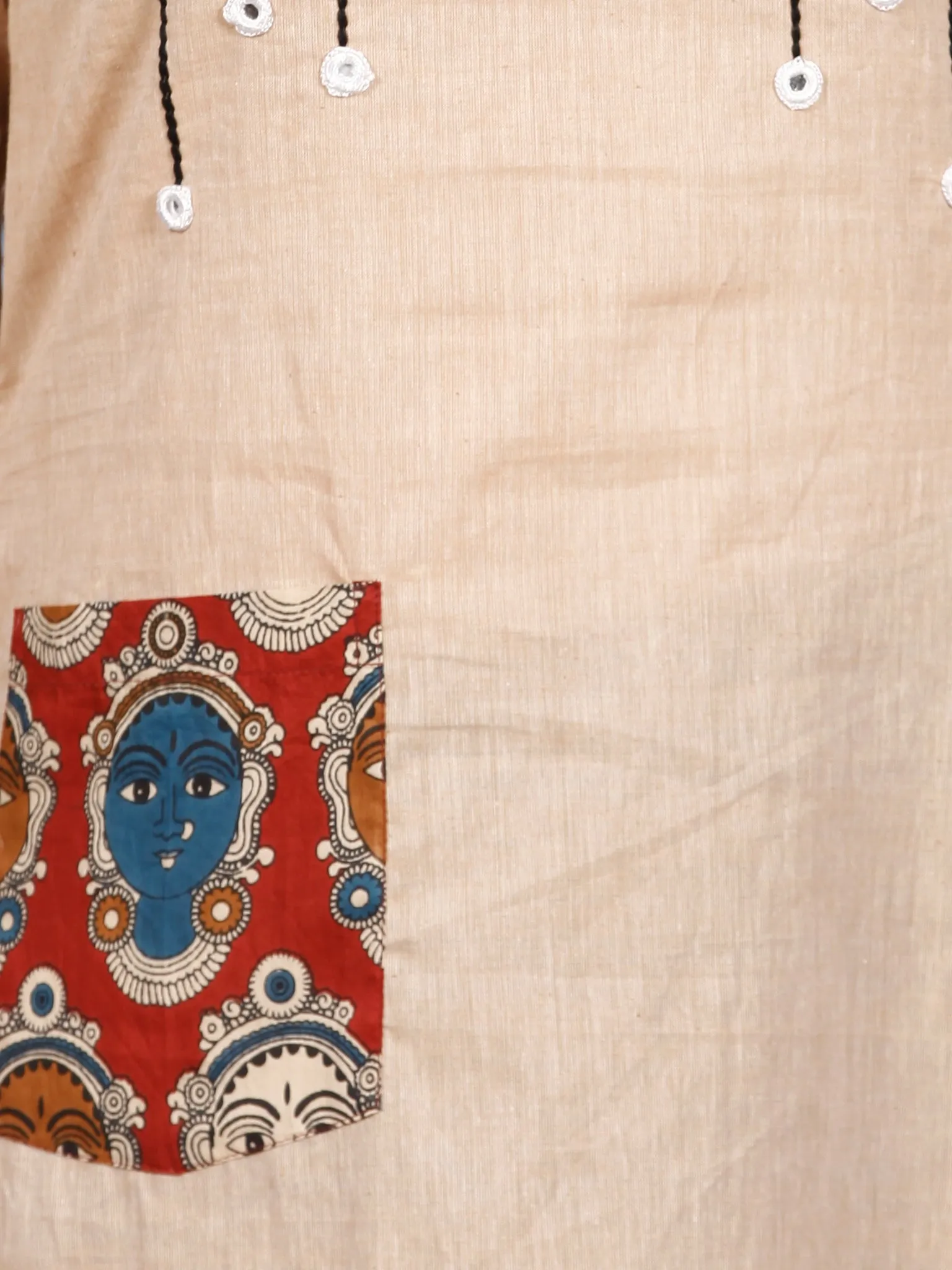 Beige Hand Embroidered South Handloom Cotton Kurta With Kalamkari Patch   - K133F1488