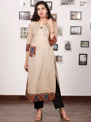 Beige Hand Embroidered South Handloom Cotton Kurta With Kalamkari Patch   - K133F1488