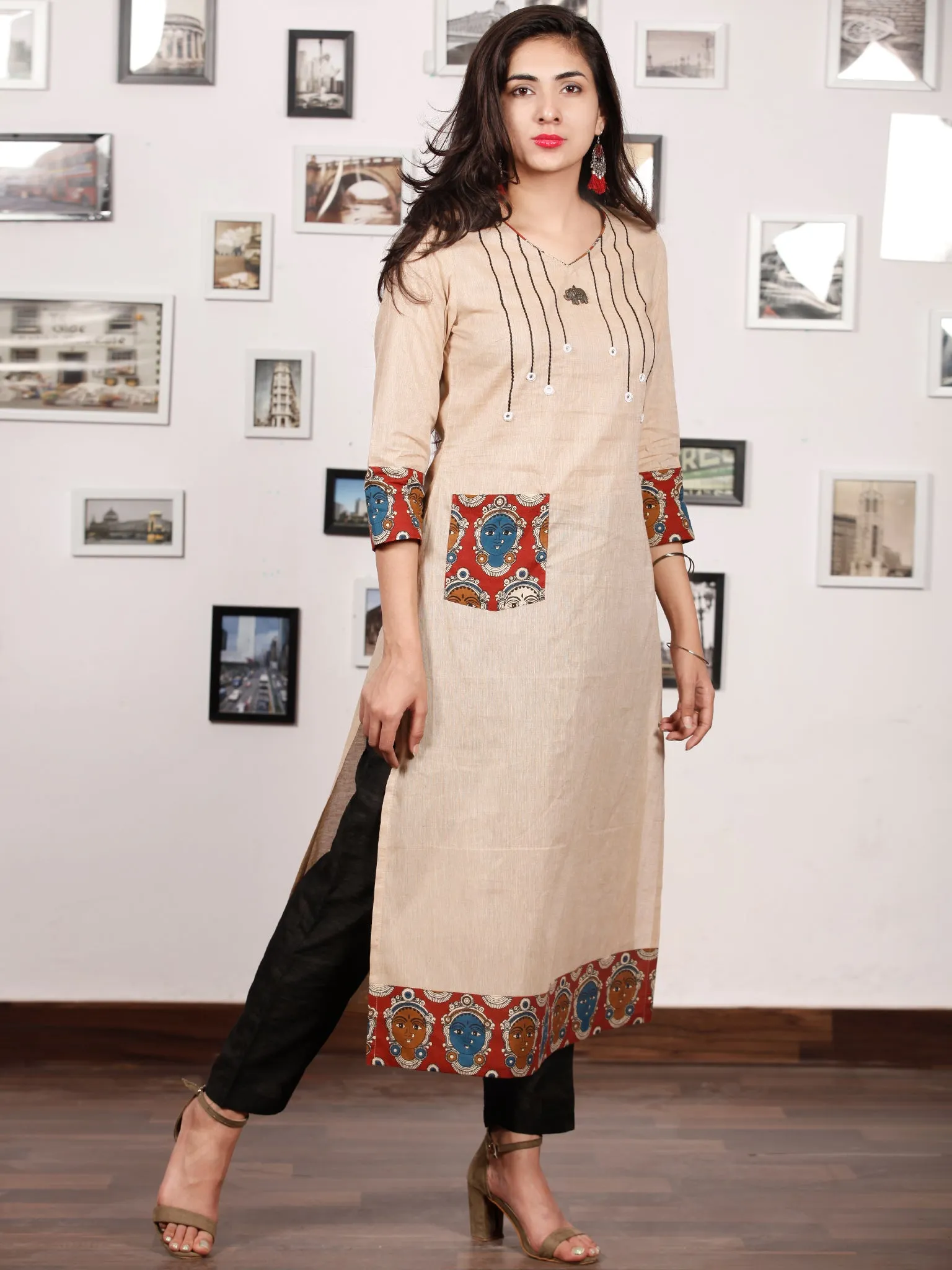 Beige Hand Embroidered South Handloom Cotton Kurta With Kalamkari Patch   - K133F1488