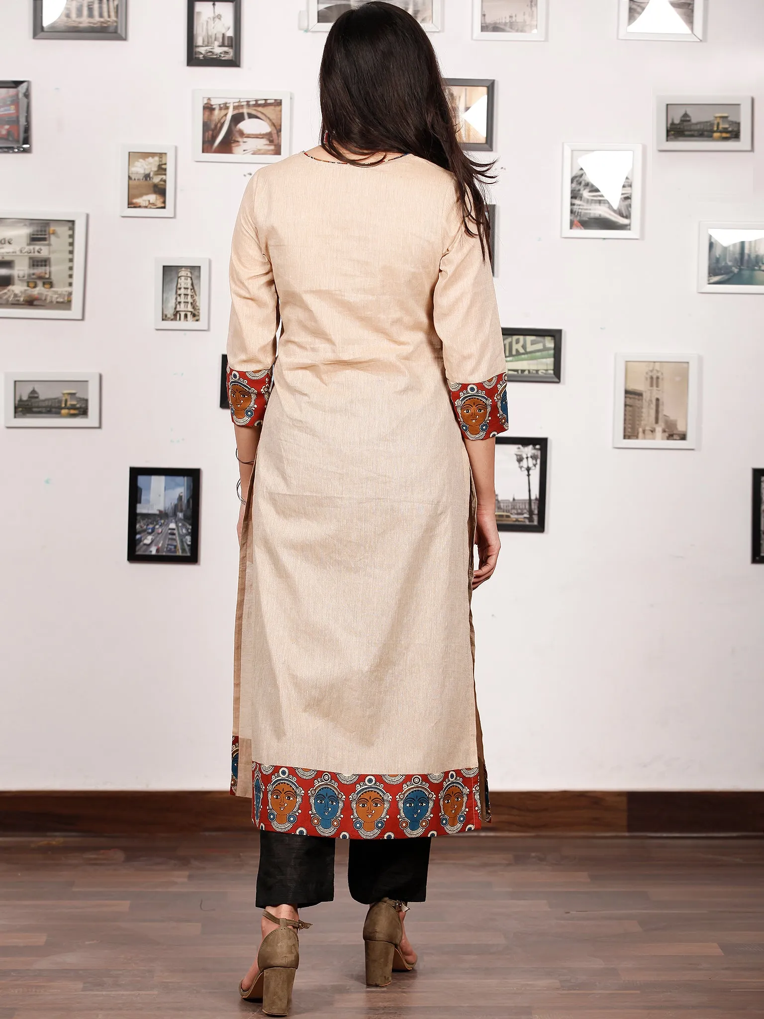 Beige Hand Embroidered South Handloom Cotton Kurta With Kalamkari Patch   - K133F1488