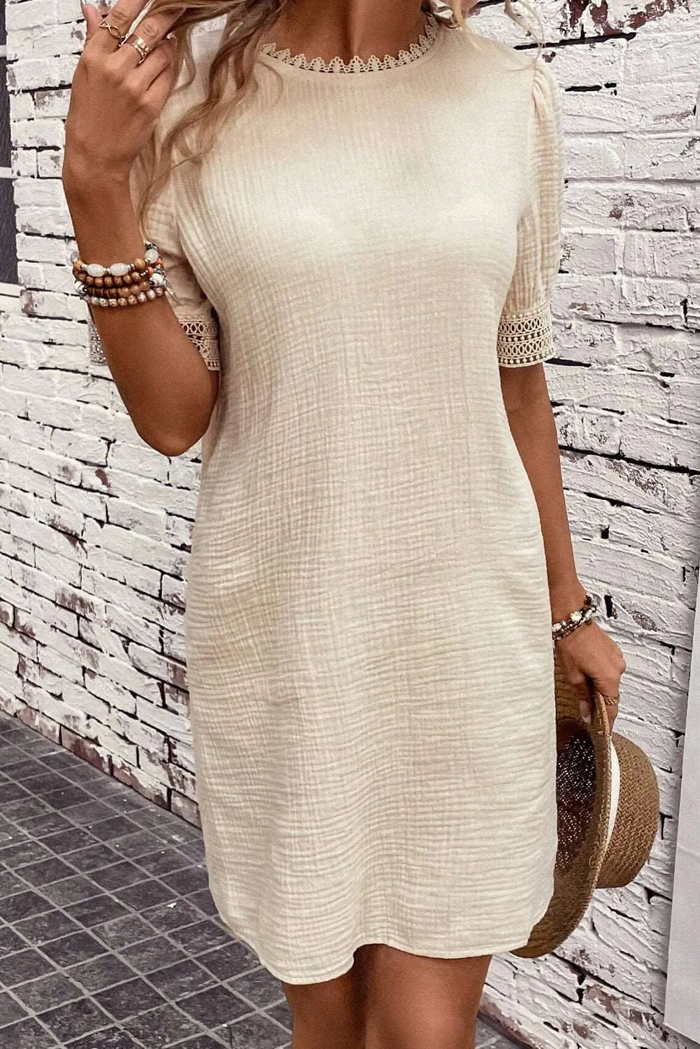 Beige Lace Trim Splicing Puff Sleeve Mini Dress