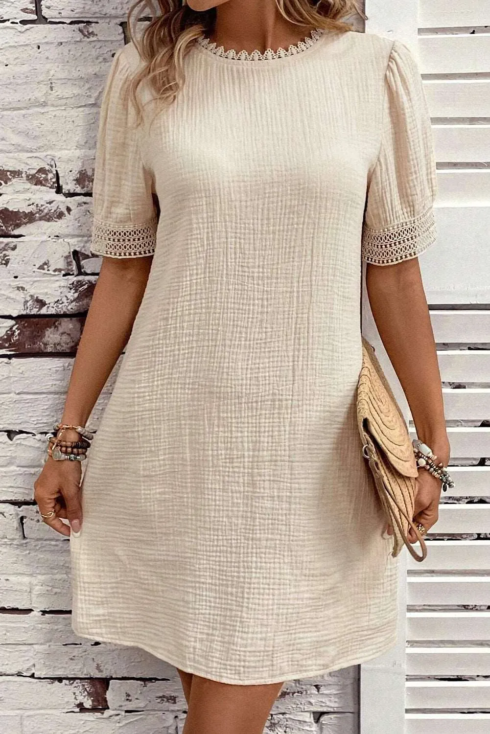 Beige Lace Trim Splicing Puff Sleeve Mini Dress