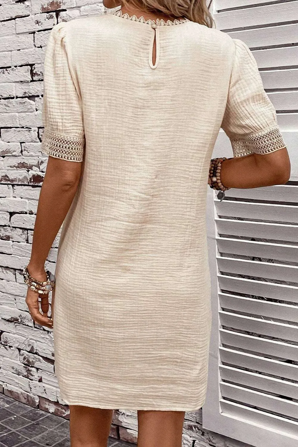 Beige Lace Trim Splicing Puff Sleeve Mini Dress