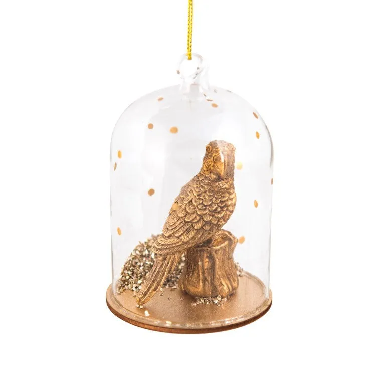 Bird in Cloche Hanging Gold 11cm