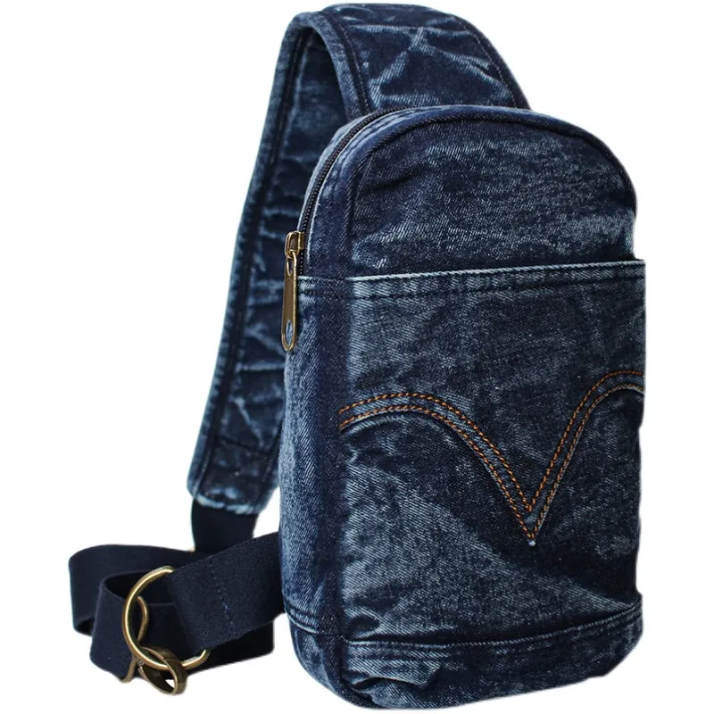 Black Denim Mens Cool Sling Bag Chest Bag Vintage Denim Sling Bag For Men