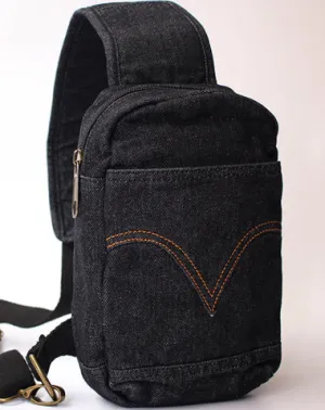 Black Denim Mens Cool Sling Bag Chest Bag Vintage Denim Sling Bag For Men