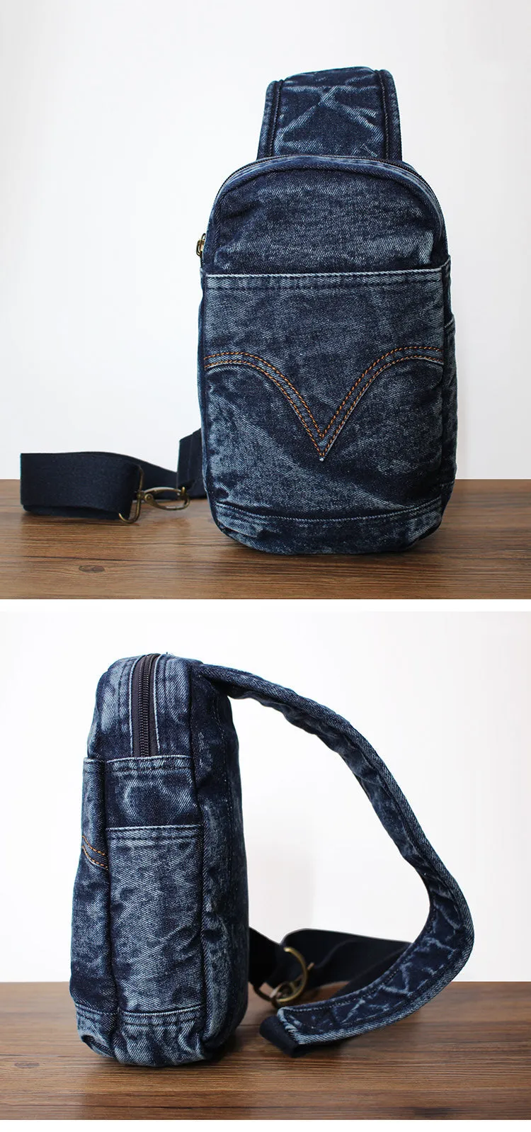 Black Denim Mens Cool Sling Bag Chest Bag Vintage Denim Sling Bag For Men