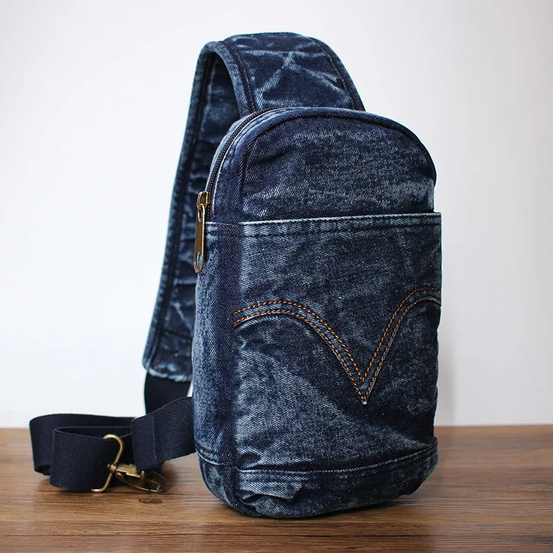 Black Denim Mens Cool Sling Bag Chest Bag Vintage Denim Sling Bag For Men