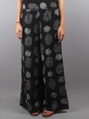 Black White Hand Block Printed Elasticated Waist Pleated Cotton Palazzo - P1117009