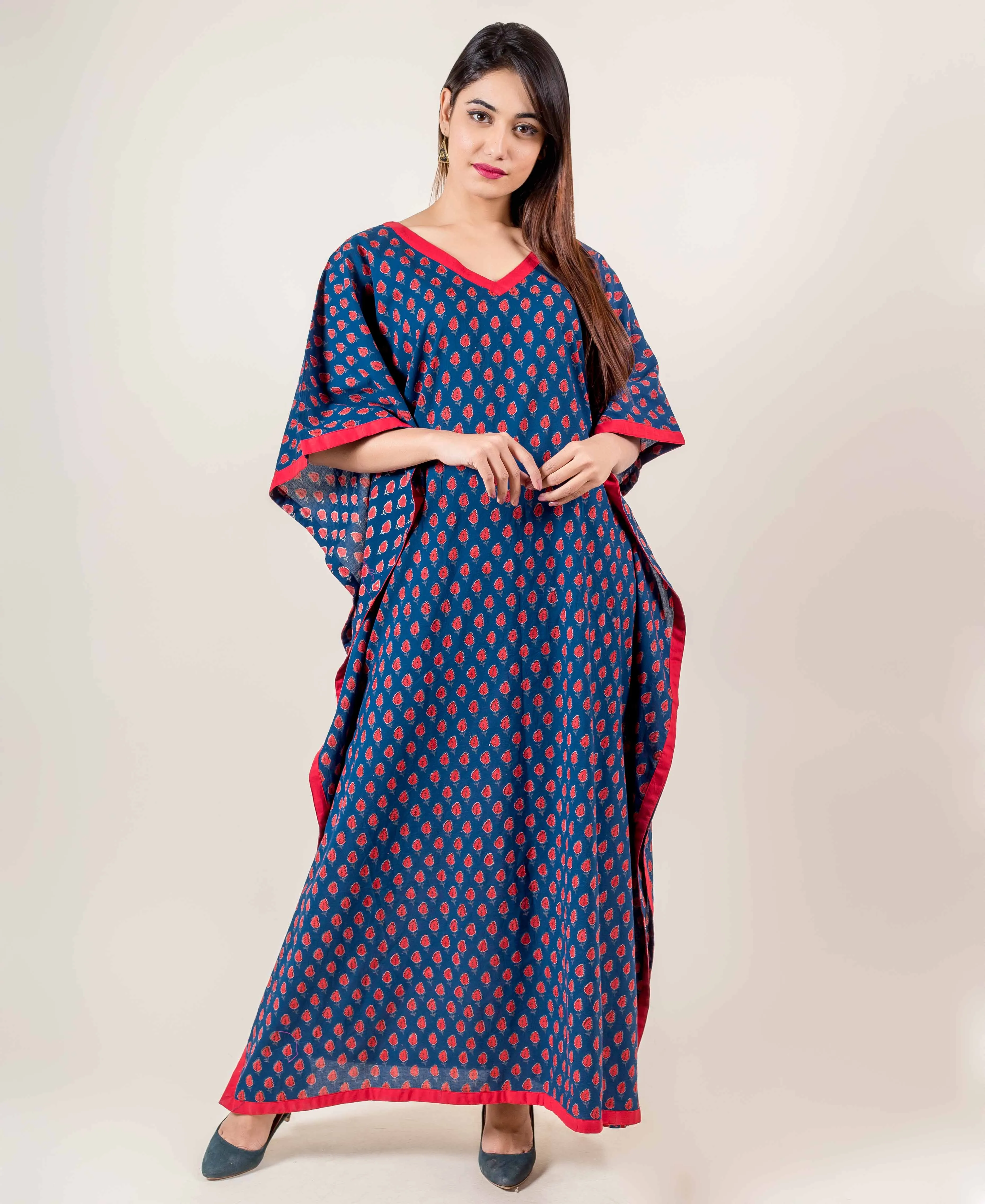 Blue Hand Block Printed Kaftan With Red Motifs