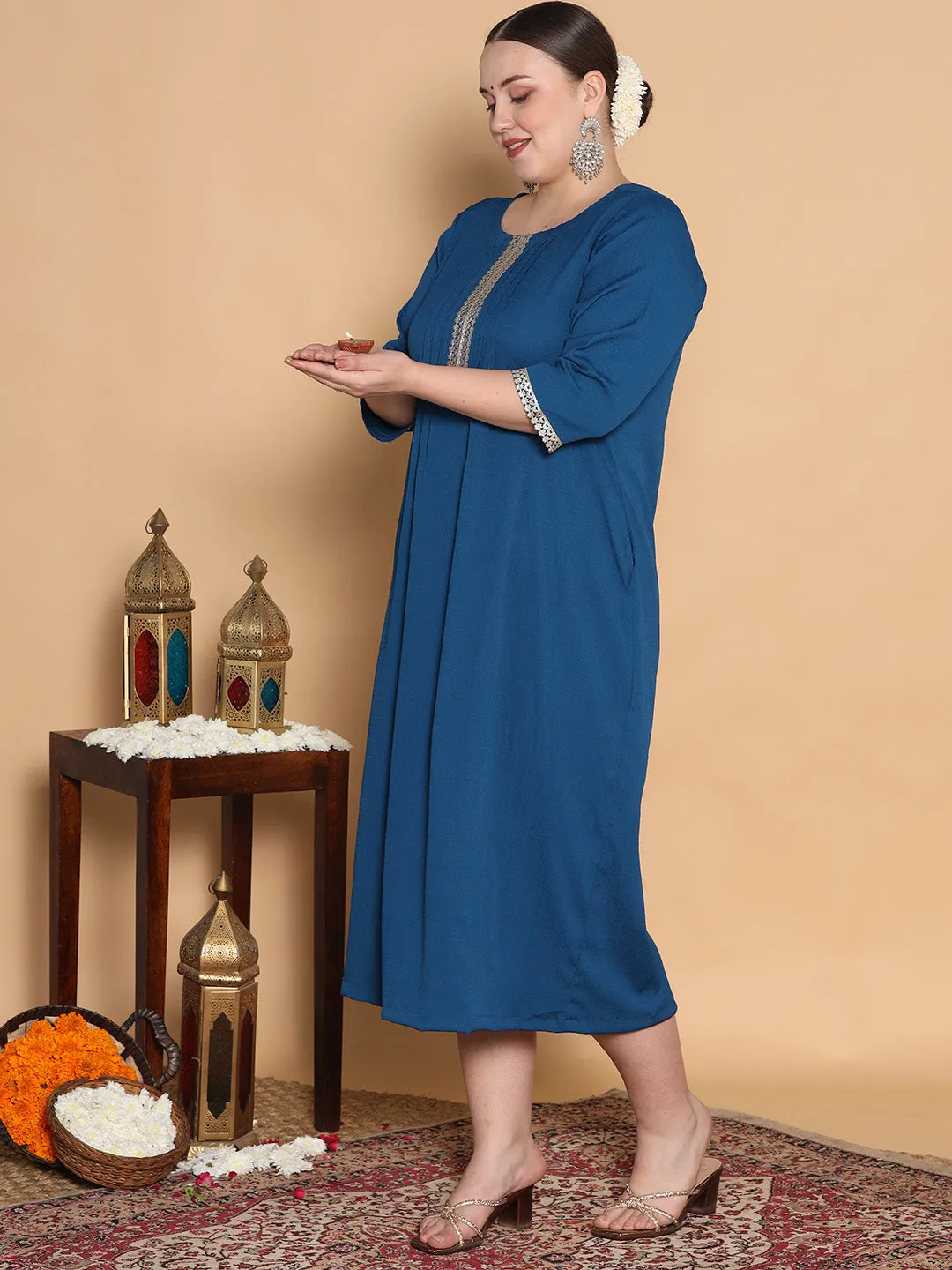 Blue Textured Pintucks Dress