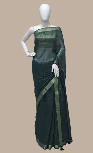 Bottle Green Cotton Embroidered Sari