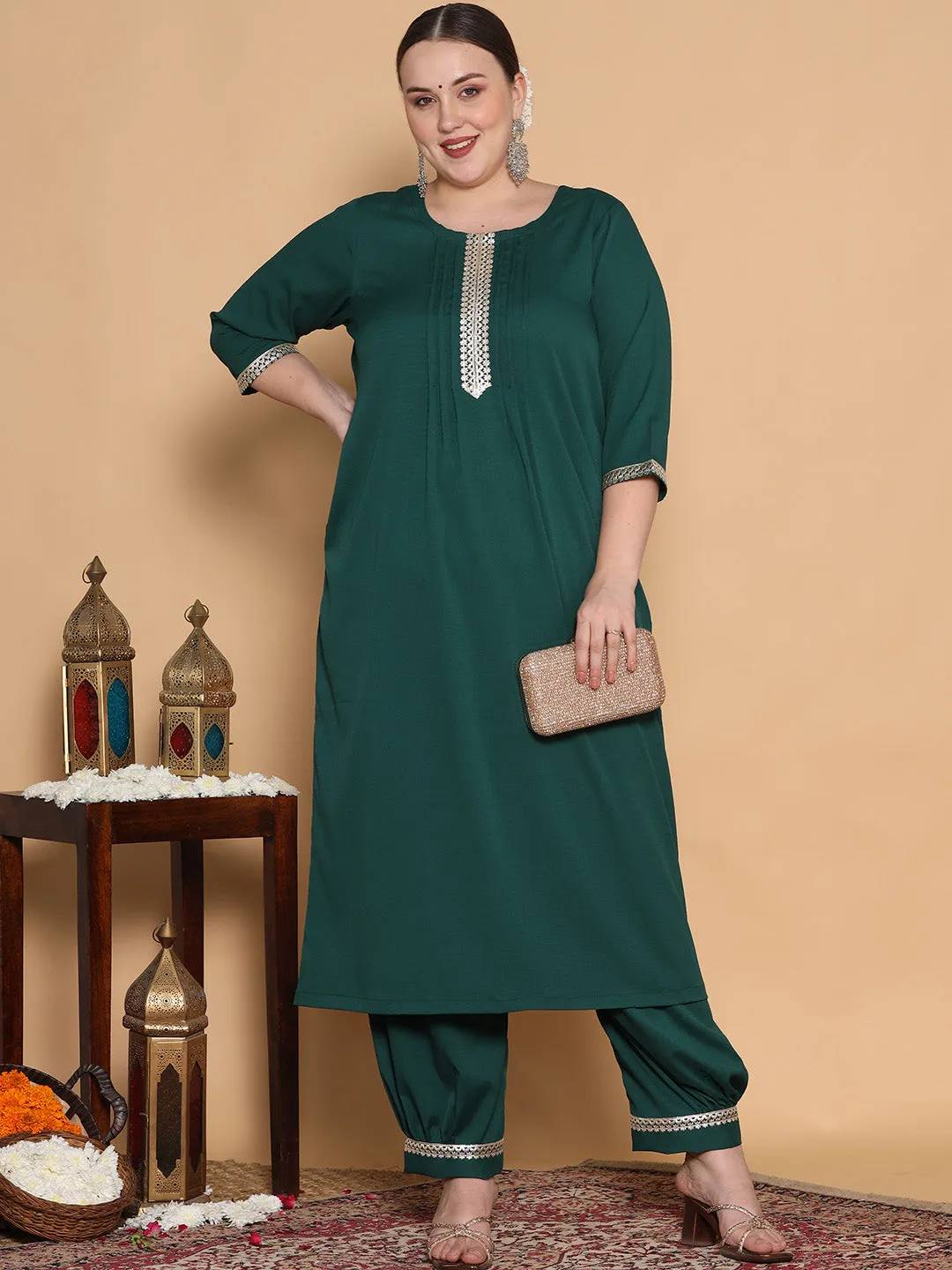 BottleGreen Textured Afghani Salwar - Embellished