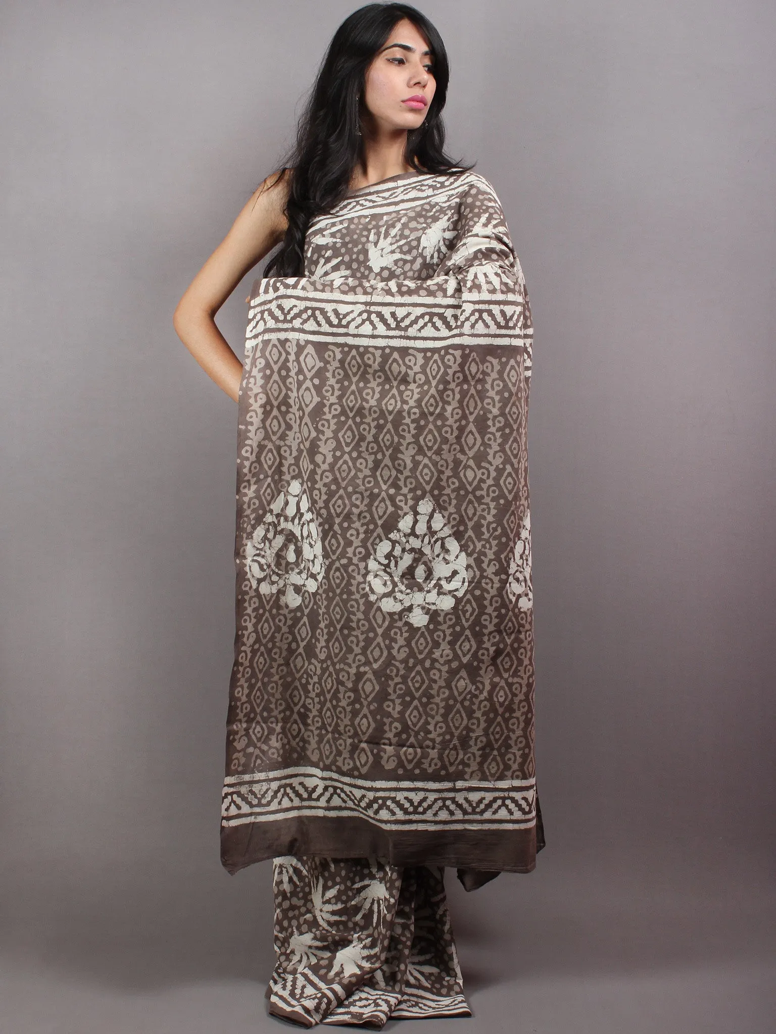 Brown Beige Ivory Hand Block Printed in Natural Colors Cotton Mul Saree - S03170631