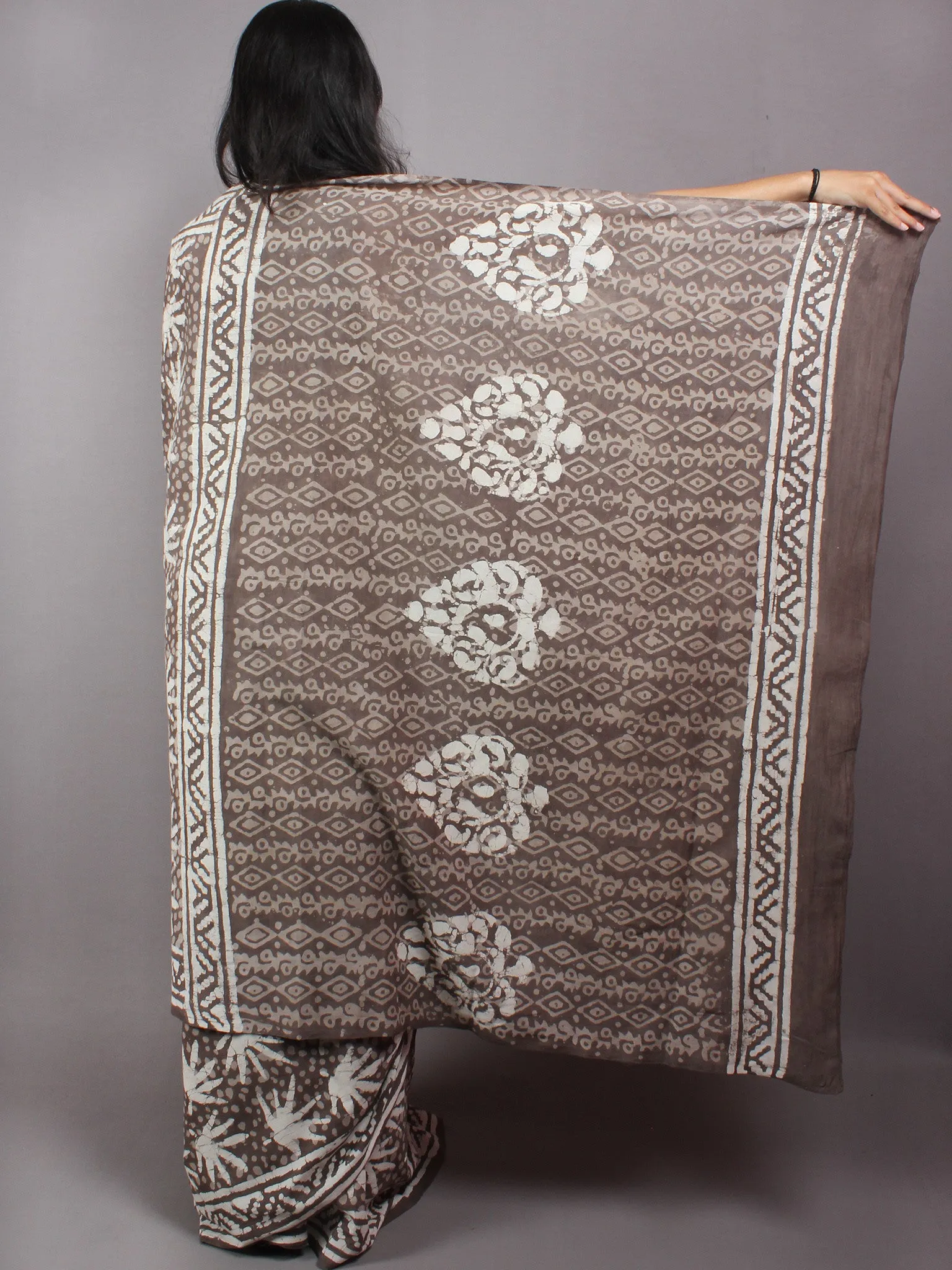 Brown Beige Ivory Hand Block Printed in Natural Colors Cotton Mul Saree - S03170631